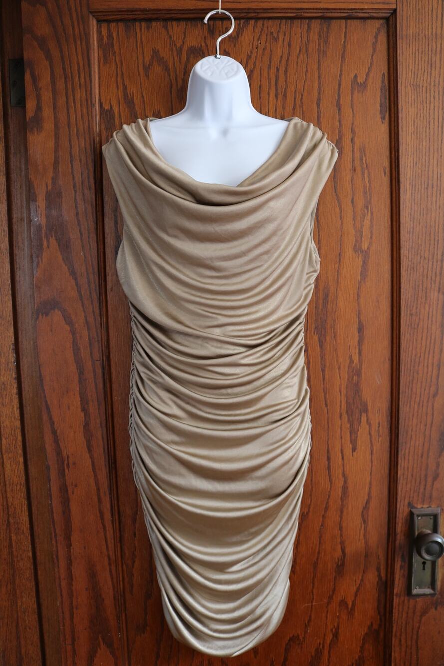 EXPRESS 2010s Dress Womens Large Gold Ruffled Fitted Drop Neckline Party Evening